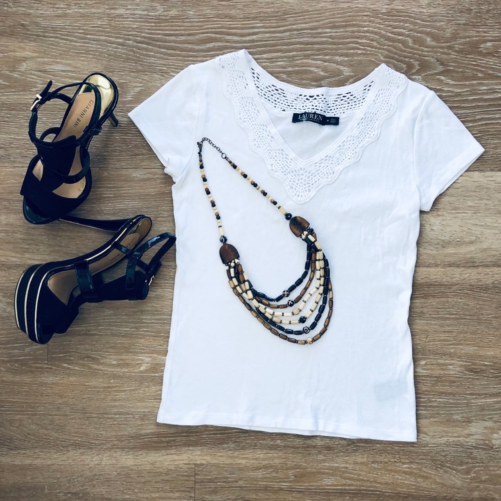 Lauren Ralph White Blouse V-Shaped-Neck  M